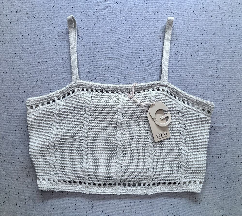 GLG Good Luck Gem Knit Crop Top Button Back Camisole Tank Crochet White Sz M NWT